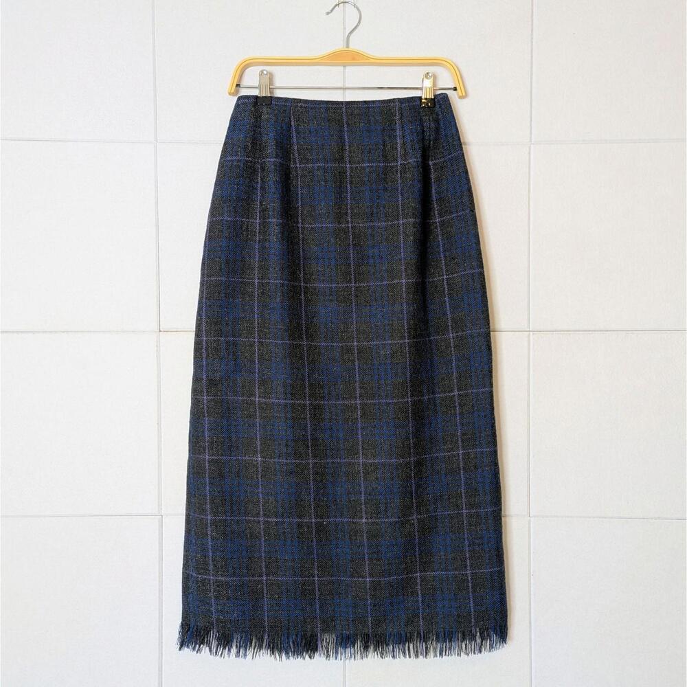 Vintage 90s 100% wool plaid pencil midi skirt with fringe hem